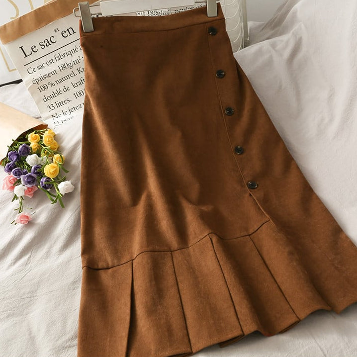 Women's mid-length skirt with button placket and side slit