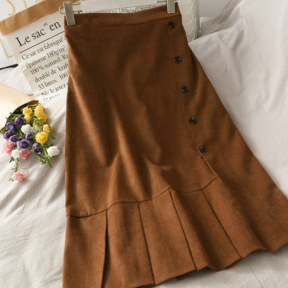 Women's mid-length skirt with button placket and side slit