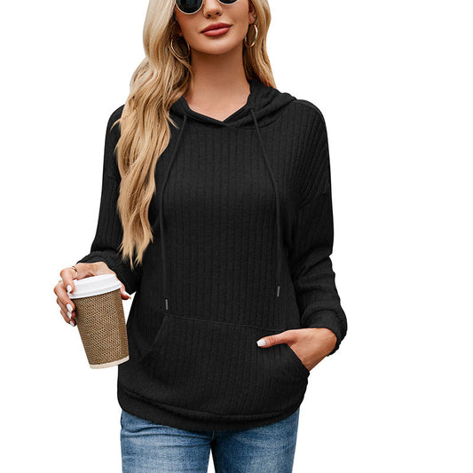 Women's hooded sweater with long sleeves, striped pattern, and kangaroo pocket
