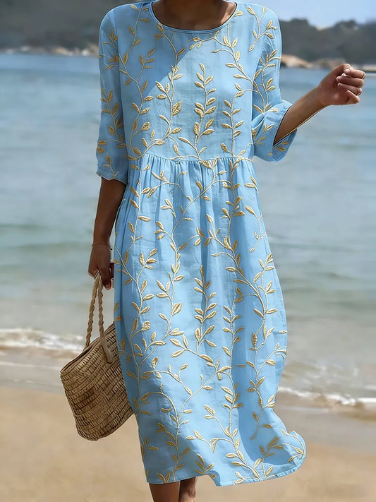 Damen Midikleid mit Blumenmuster – Rundhalsausschnitt Lockerer Schnitt