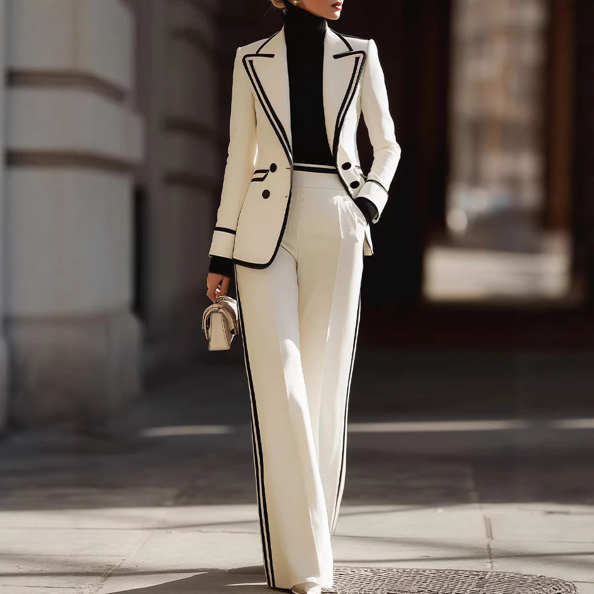Damen-Set: Langärmliger, Zweireihiger Blazer Und Lange Hose – Farbblock-Design
