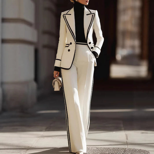 Damen-Set: Langärmliger, Zweireihiger Blazer Und Lange Hose – Farbblock-Design
