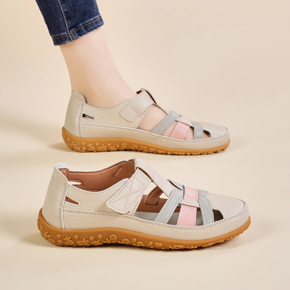 Retro-Sandalen Für Damen Mit Klettverschluss, Flacher Form, Runder Zehenpartie Und Weicher Sohle