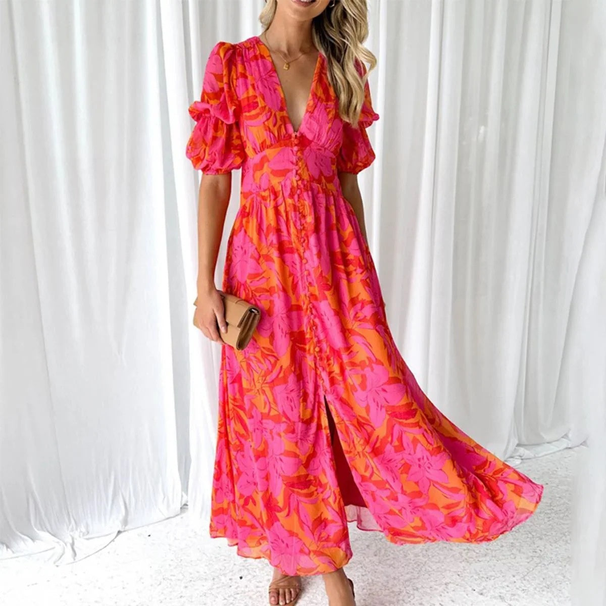 Damen-Midikleid Im Chiffon-Stil Mit V-Ausschnitt, Kurzen Ärmeln Und Handbemaltem Muster – Polyestergemisch