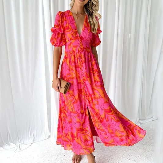 Damen-Midikleid Im Chiffon-Stil Mit V-Ausschnitt, Kurzen Ärmeln Und Handbemaltem Muster – Polyestergemisch