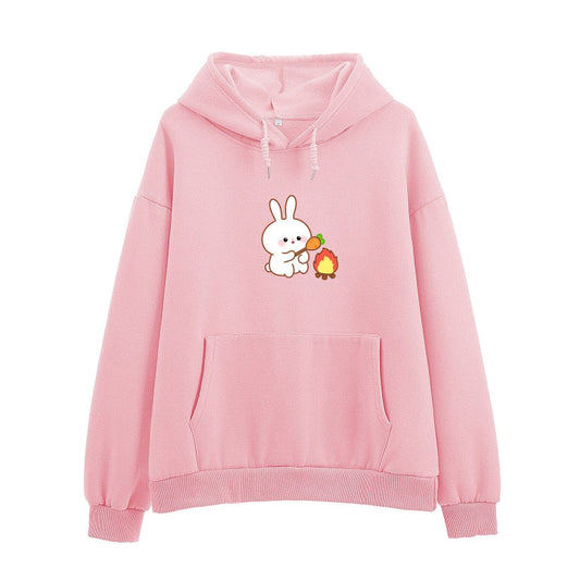 Rosa Kapuzenpullover mit niedlichem Hasen- und Karottenmotiv, Kängurutasche, lange Ärmel. Perfekt für Freizeitmode und Streetwear.