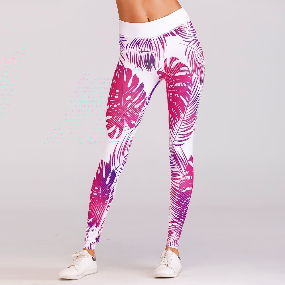Damen-Leggings mit tropischem Blattmuster in Pink und Lila, ideal für Fitness und Yoga. Bequeme Sportbekleidung, modisch und funktional.
