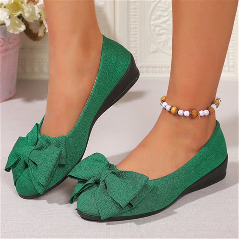 Grüne Damen-Ballerinas mit Schleife, flacher Absatz, elegantes Design, ideal für Frühling und Sommer, modische Schuhe für Freizeit und Büro.