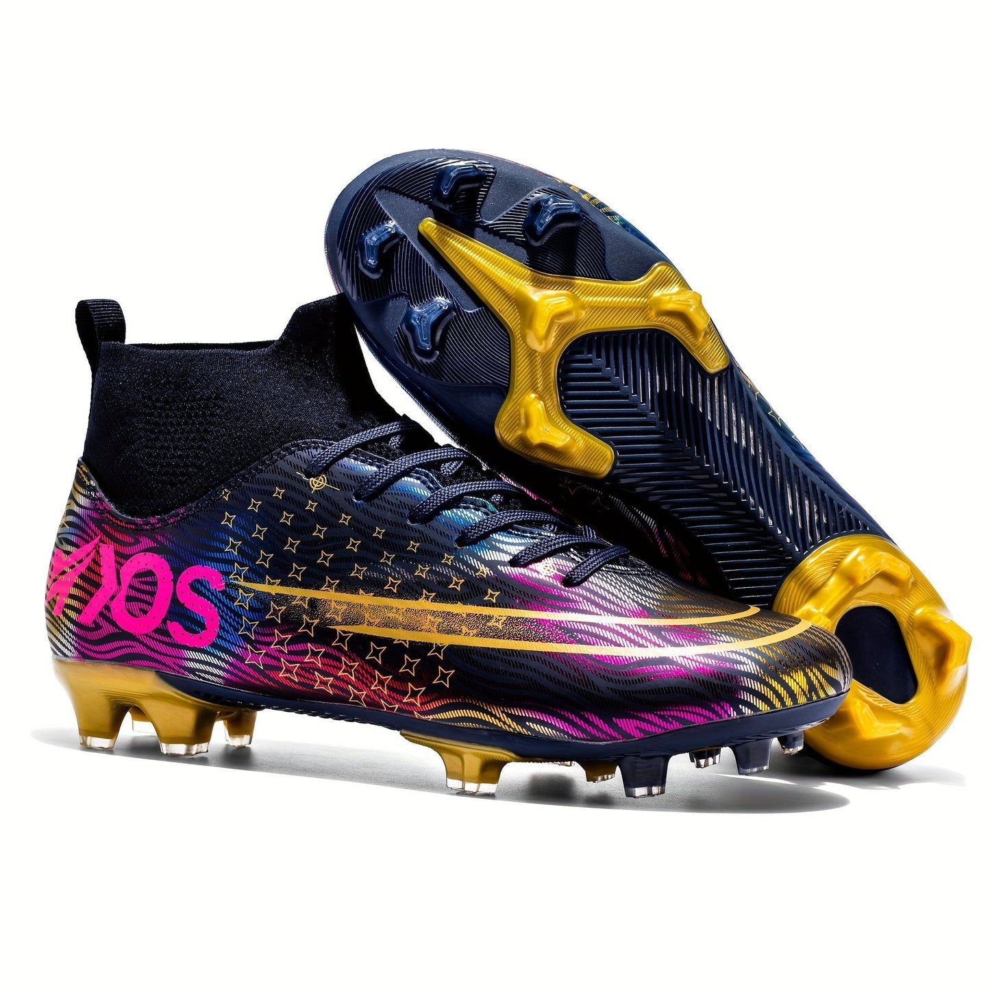 Bunte Fußballschuhe mit goldener Sohle und auffälligem Design, ideal für Kunstrasen. Perfekt für Fußballspieler, die Stil und Leistung schätzen.