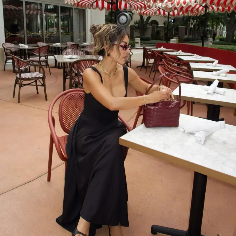 Women's mid-length dress with square neckline, V-shaped waist, and built-in cups