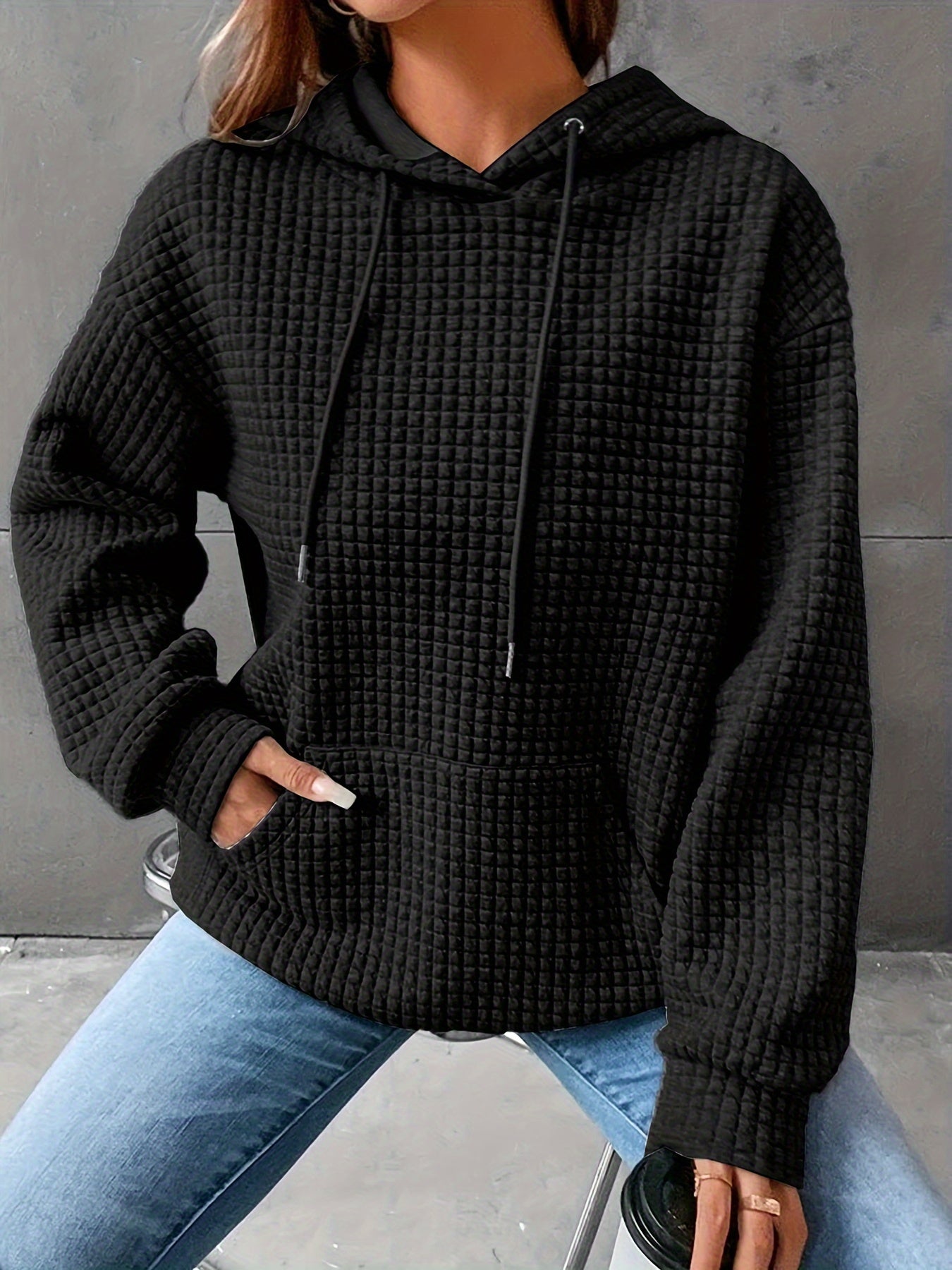 Damen Hoodie Waffelstrick Textur Kordelzug Kängurutasche
