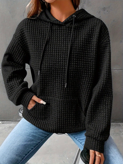 Damen Hoodie Waffelstrick Textur Kordelzug Kängurutasche