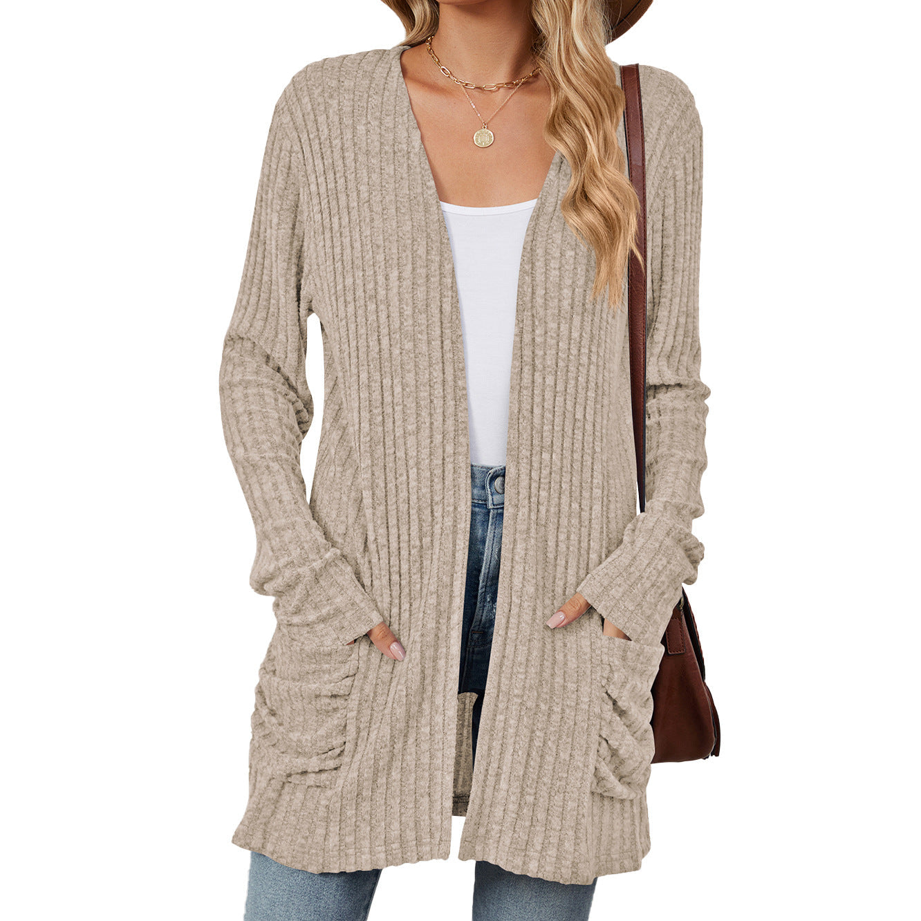 Women's knitted jacket with long sleeves, plain, with pockets