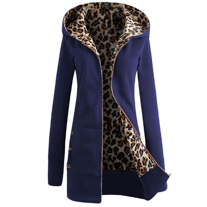 Damen Winterjacke mit Kapuze, Leopardenmuster, Reißverschluss und dicker Fütterung