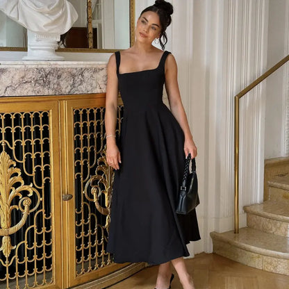 Women's mid-length dress with square neckline, V-shaped waist, and built-in cups