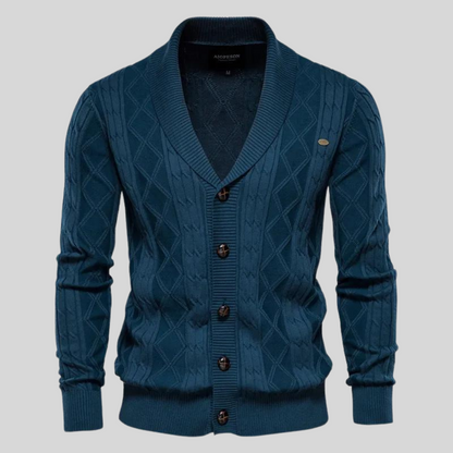 Dunkelblauer Herren-Cardigan mit Schalkragen, Knopfleiste und Rautenmuster. Eleganter Strickpullover für Herbstmode und stilvolle Outfits.