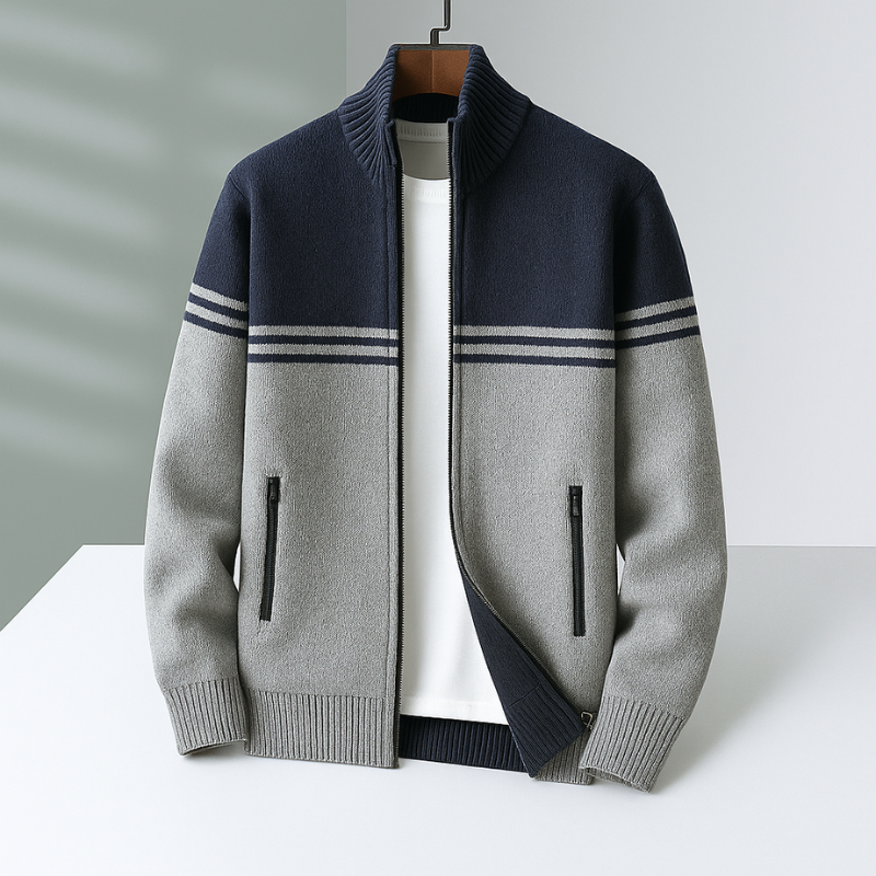 Men's Cotton Cardigan with Zipper Ribbed Hem