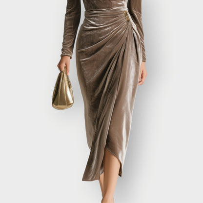 Women's Midi Dress Draped with Ruching Long Sleeve
