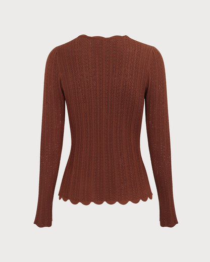 Damen Schlanker Strickpullover für den Herbst mit Rundhalsausschnitt, Knopfleiste und Wellenkanten