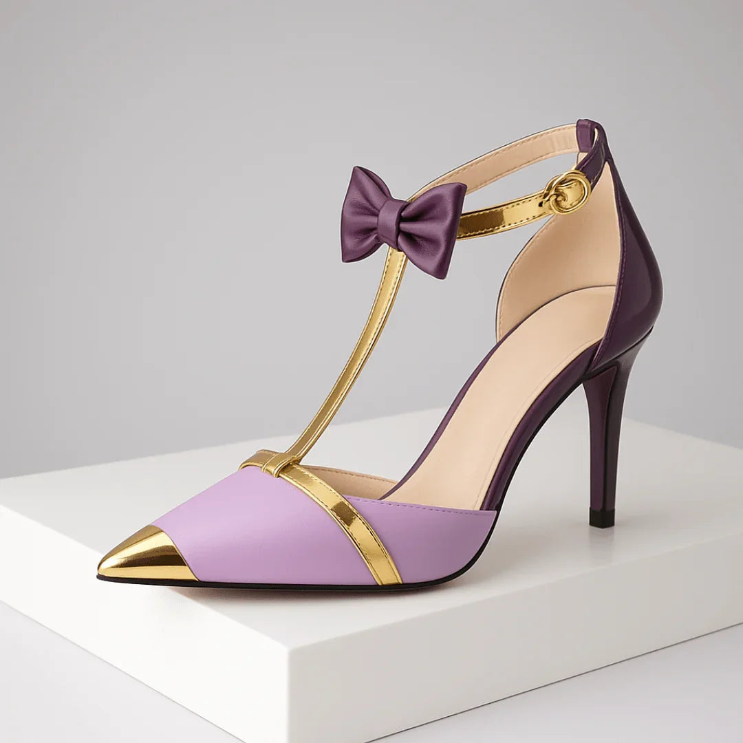 Women's high heels with pointed toe, T-strap, and golden accents