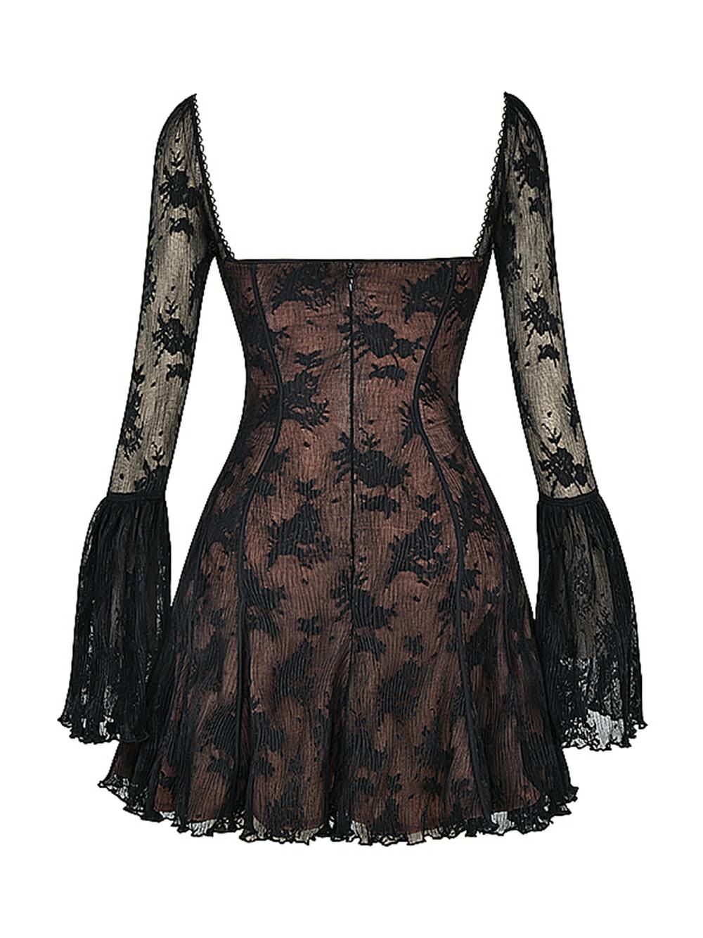 Schwarzes Spitzenkleid mit langen Ärmeln, ausgestelltem Rock und floralem Muster. Elegantes Design, ideal für Abendveranstaltungen und Partys.