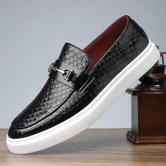 Men's Loafers Made of Pre-formed Faux Leather with Snake Embossing and Metal Buckle