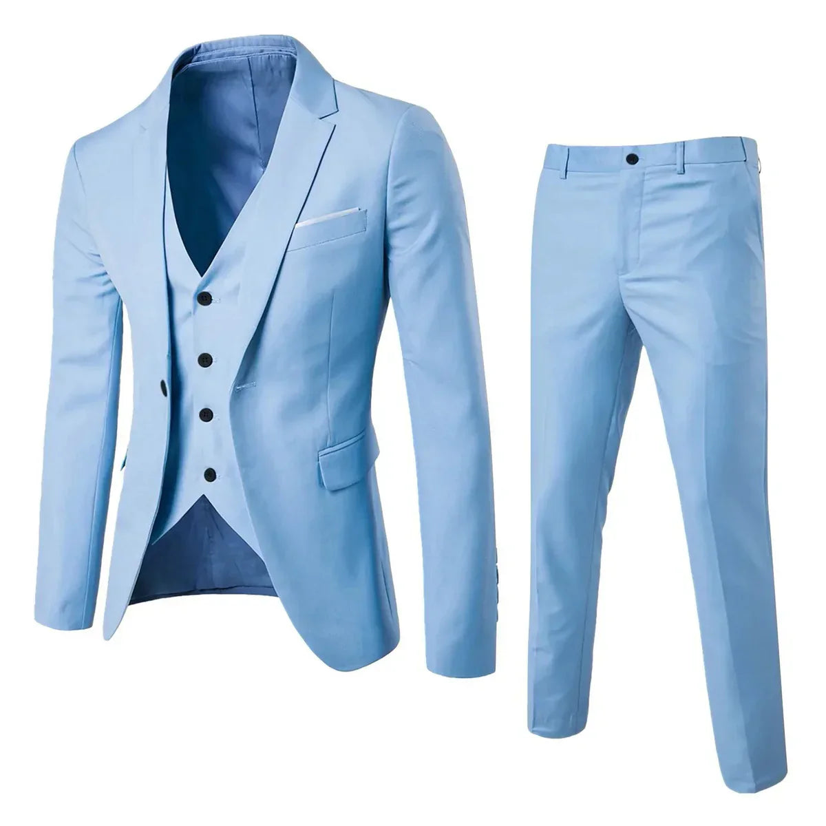 Hellblauer Herrenanzug mit Weste, elegantes Design, ideal für formelle Anlässe. Hochwertiger Stoff, modischer Dreiteiler, stilvoll und modern.