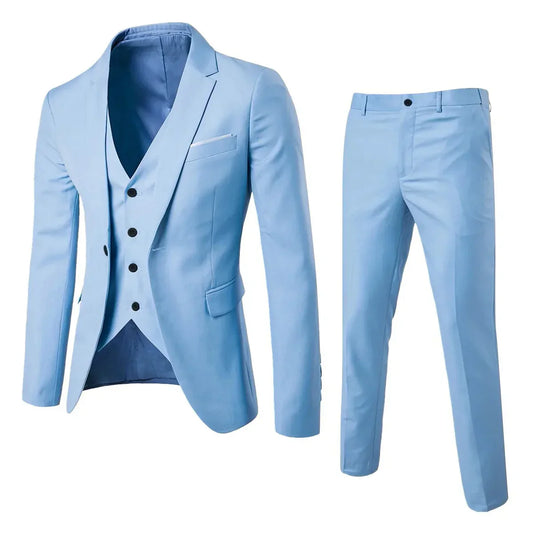 Hellblauer Herrenanzug mit Weste, elegantes Design, ideal für formelle Anlässe. Hochwertiger Stoff, modischer Dreiteiler, stilvoll und modern.