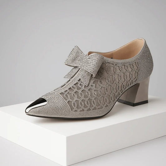 Women's pumps with rhinestone bow, pointed toes, and 6-cm block heel