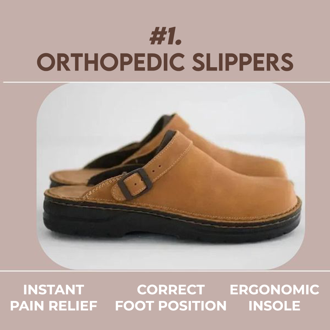 Braune orthopädische Hausschuhe mit ergonomischer Innensohle, ideal für sofortige Schmerzlinderung und korrekte Fußposition.