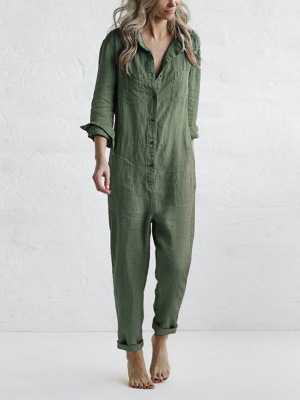 Grüner Leinen-Jumpsuit für Damen, lässig und bequem, mit langen Ärmeln und Knopfleiste, ideal für Freizeitmode und Sommeroutfits.