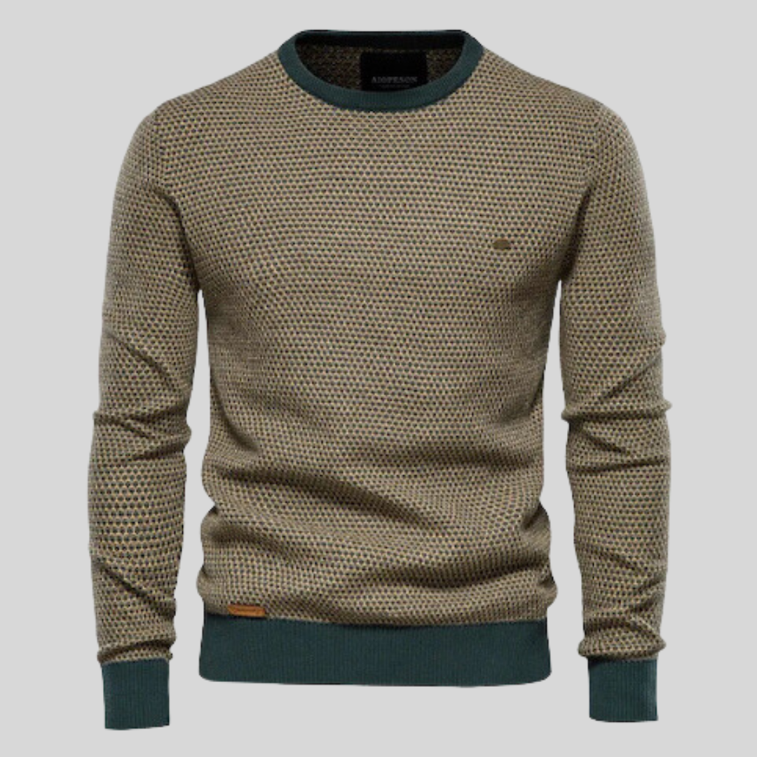 Herrenpullover mit Rundhalsausschnitt, beige-grünes Wabenmuster, gerippte Bündchen, modisch, bequem, ideal für Herbst und Winter.
