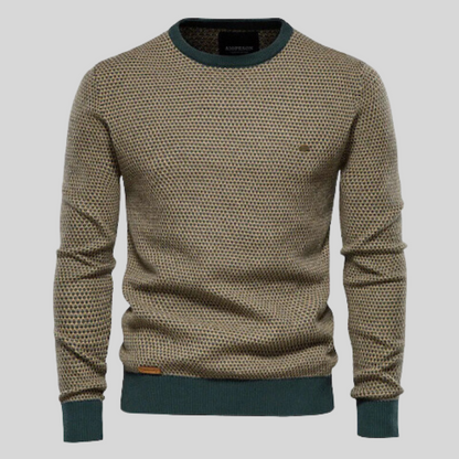 Herrenpullover mit Rundhalsausschnitt, beige-grünes Wabenmuster, gerippte Bündchen, modisch, bequem, ideal für Herbst und Winter.