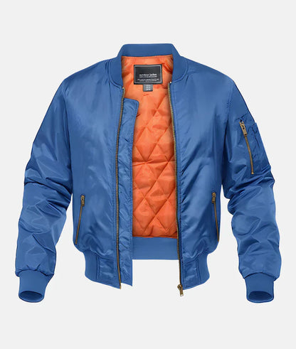 Blaue Bomberjacke mit orangefarbenem Innenfutter, Reißverschlusstaschen und gerippten Bündchen. Modische Herrenjacke, ideal für Herbst und Frühling.