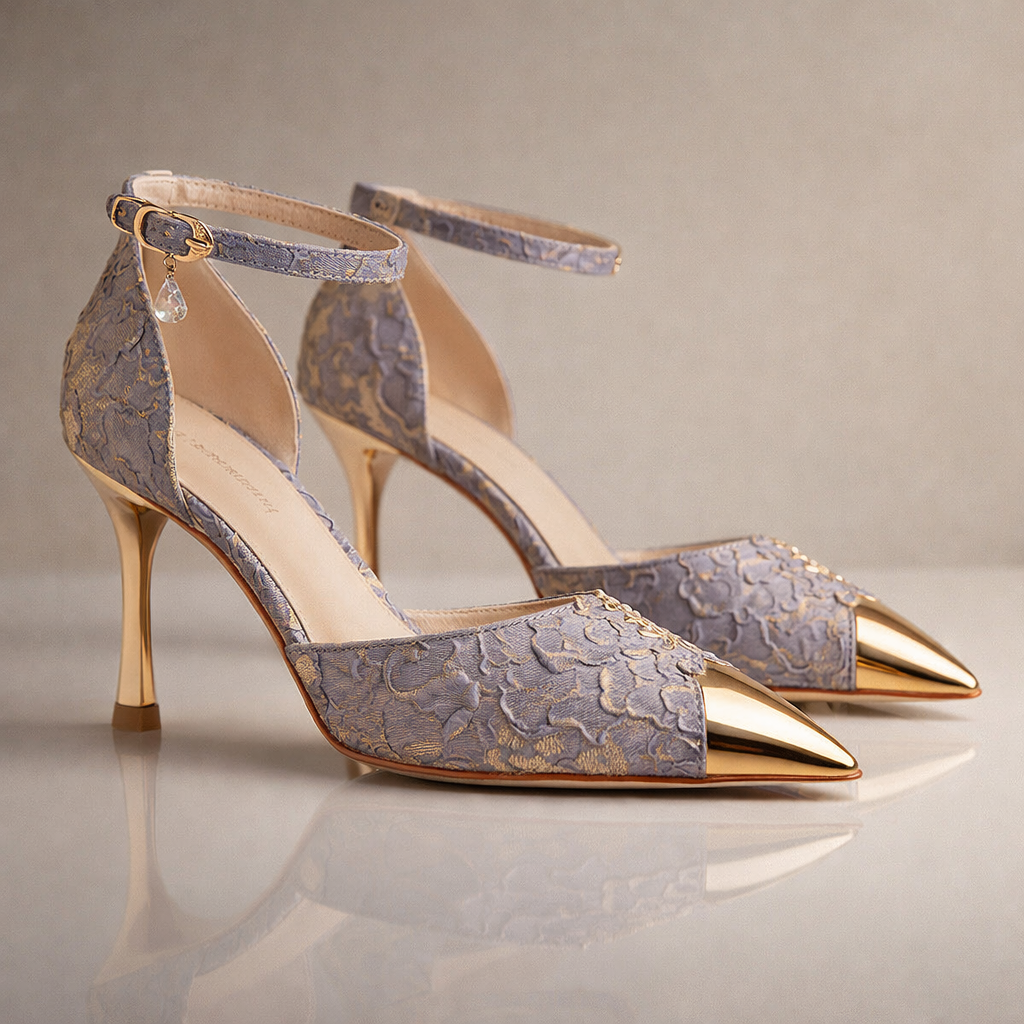 Women's pumps with pointed toe, metal toe cap, and stiletto heel