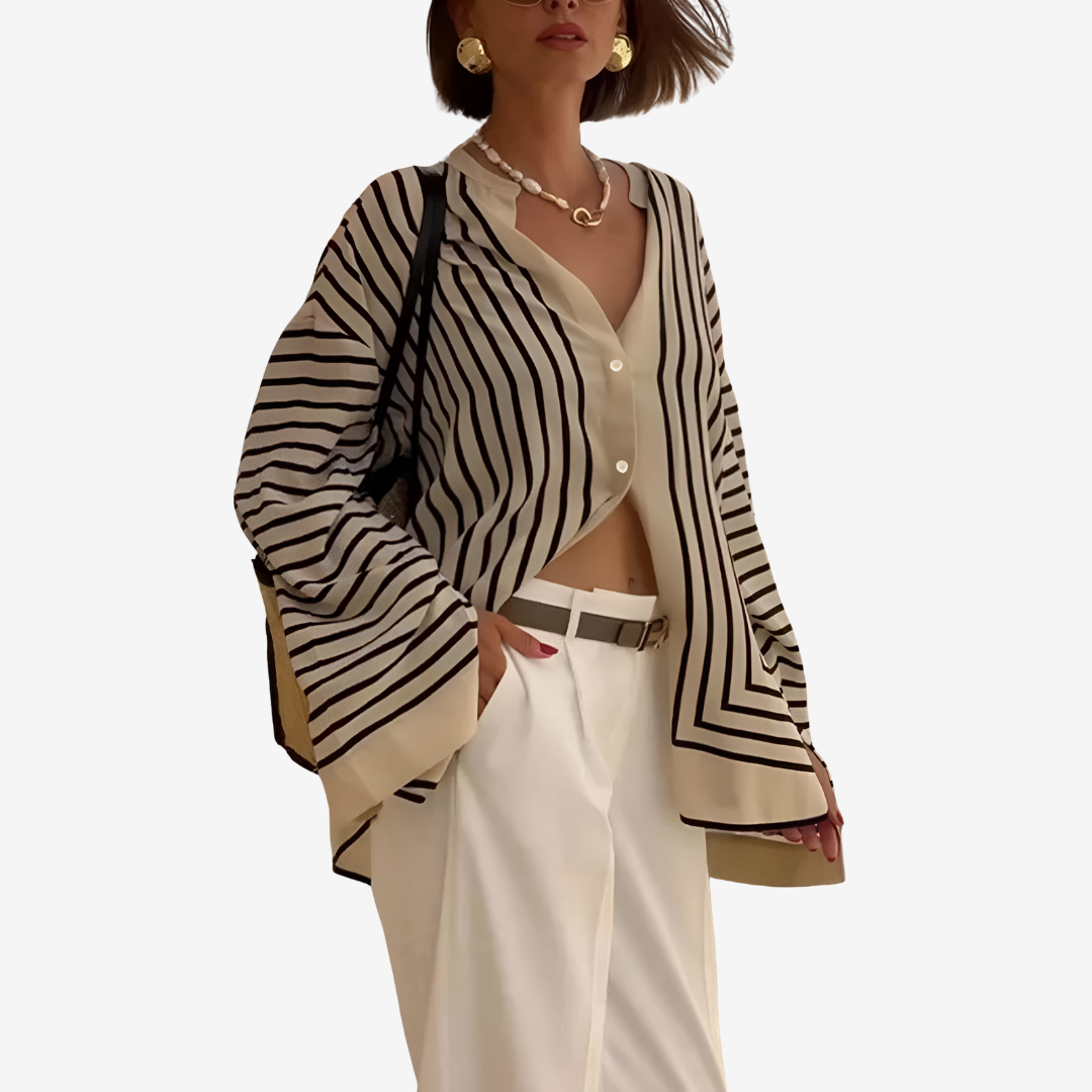 Damenbluse mit Streifenmuster, V-Ausschnitt und Oversize-Schnitt – Moderner Stil