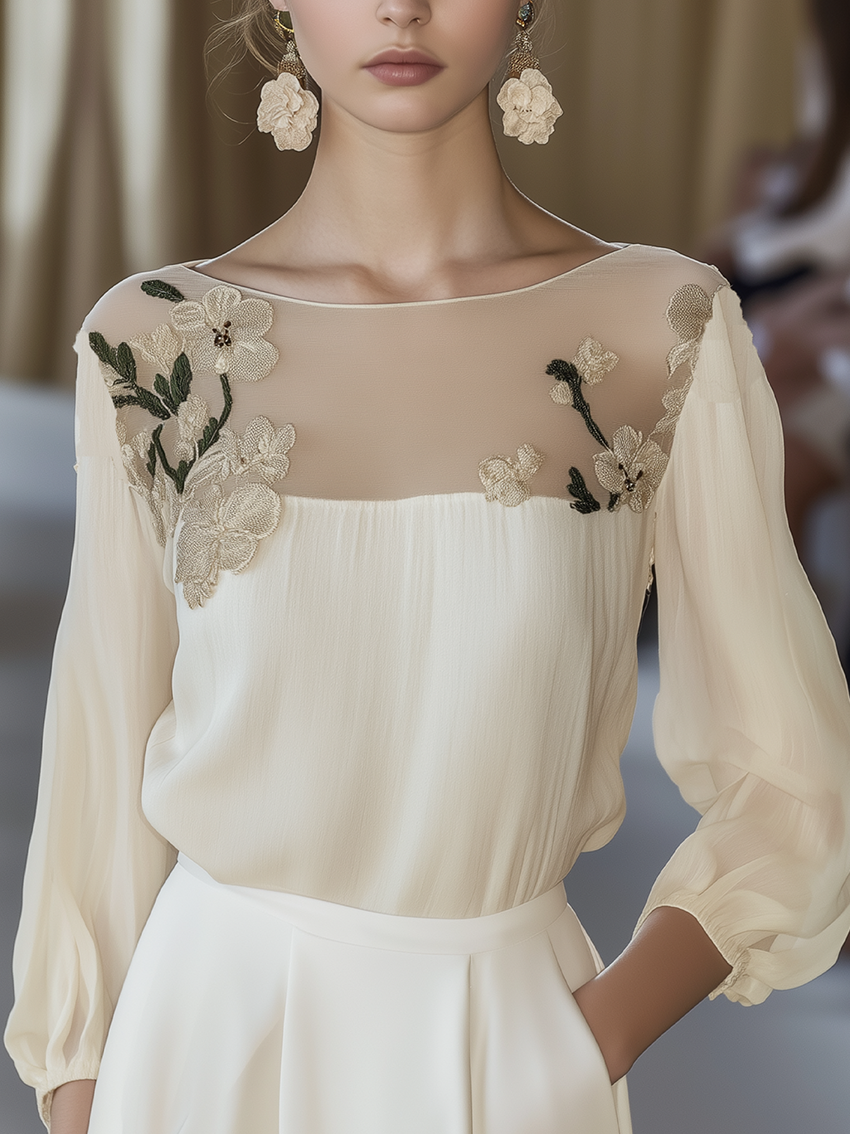 Women's blouse, beige, mesh yoke with floral embroidery, regular fit – classic style