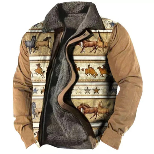 Braune Herrenjacke mit Pferdemuster, Westernstil, gefüttert, Reißverschluss, Langarm, ideal für Outdoor-Aktivitäten und modische Herbstkleidung.