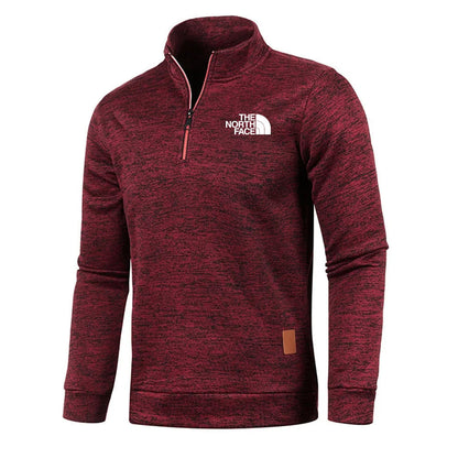 Roter The North Face Pullover mit Reißverschluss, langärmelig, meliertes Design, Outdoor-Bekleidung, Herrenmode, Freizeitkleidung.