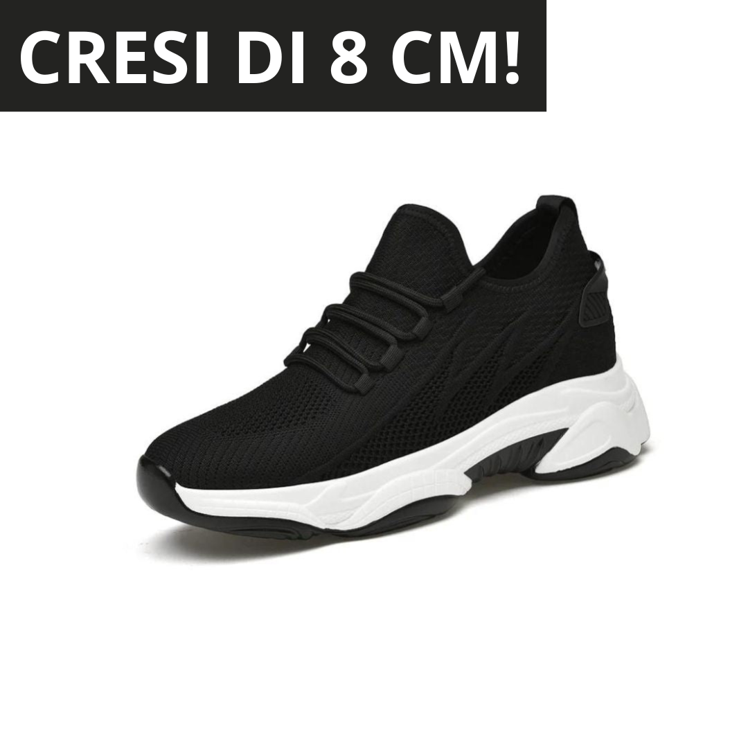 Schwarzer Sneaker mit weißer Sohle, erhöht um 8 cm, modisches Design, atmungsaktives Material, ideal für Komfort und Stil.