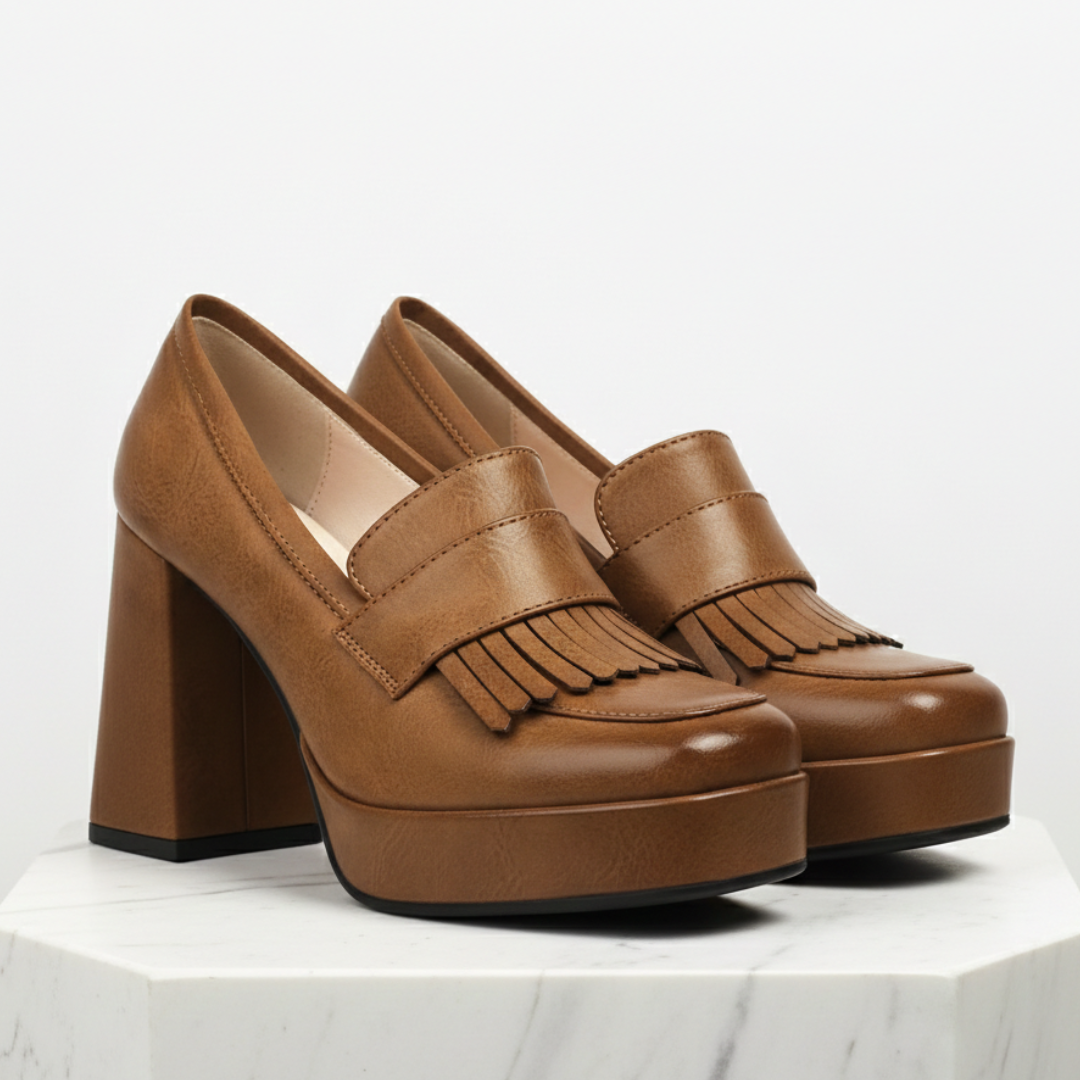 Women's platform shoes in loafer style slip-ons with block heel and front platform