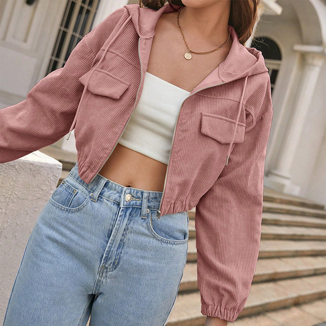 Damen-Cordjacke in Cropped-Form mit Kapuze und Frontreißverschluss