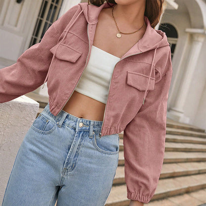 Damen-Cordjacke in Cropped-Form mit Kapuze und Frontreißverschluss