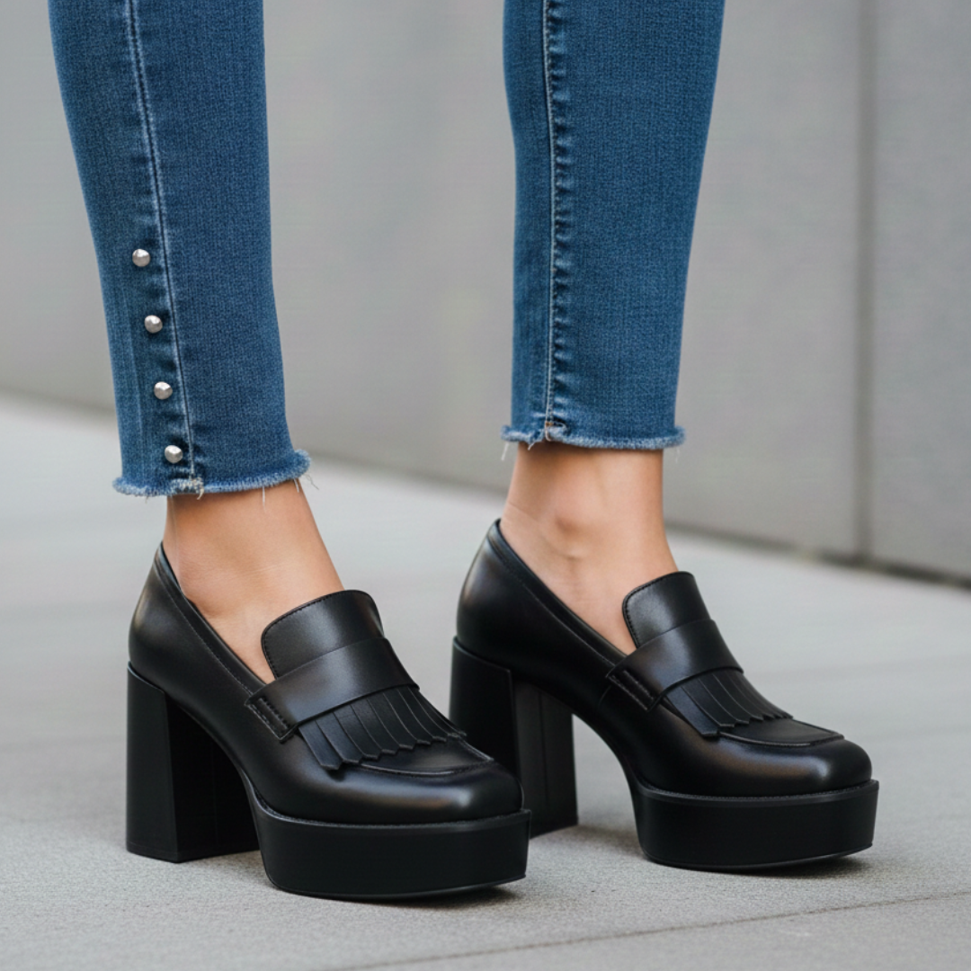 Women's platform shoes in loafer style slip-ons with block heel and front platform