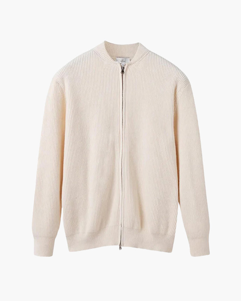 Cremefarbener Strick-Cardigan mit Reißverschluss, geripptem Muster und Rundhalsausschnitt. Elegante Herrenmode, ideal für Herbst und Winter.