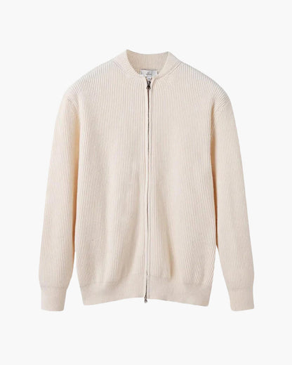 Cremefarbener Strick-Cardigan mit Reißverschluss, geripptem Muster und Rundhalsausschnitt. Elegante Herrenmode, ideal für Herbst und Winter.
