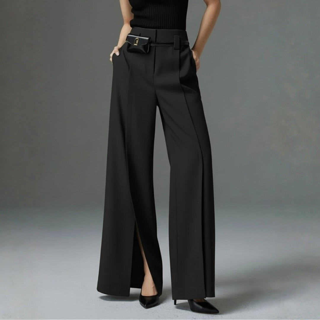 Damen High Waist Hose mit Weitem Bein und Gürteltäschchen