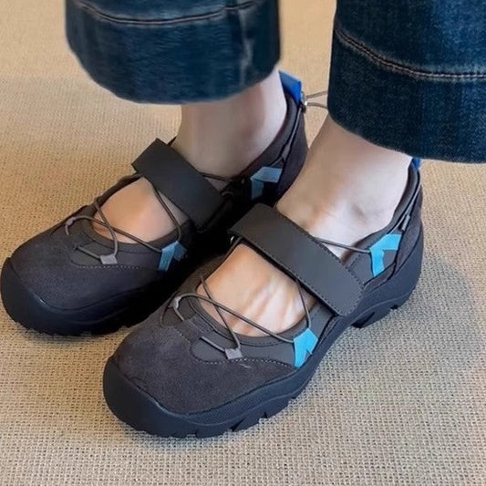Damen Mary Jane Schuhe Mit Klettverschluss, Dicker Sohle Und Runder Zehenpartie