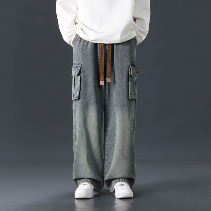 Herren-Denim-Jeans Für Den Herbst, Weites Bein, Gerader Schnitt, Locker Fallend, Farbverlauf, Gewaschen, Mittelhoher Bund Mit Mikro-Gummizug