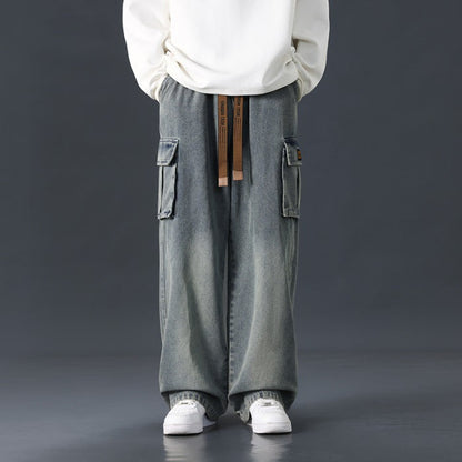 Herren-Denim-Jeans Für Den Herbst, Weites Bein, Gerader Schnitt, Locker Fallend, Farbverlauf, Gewaschen, Mittelhoher Bund Mit Mikro-Gummizug